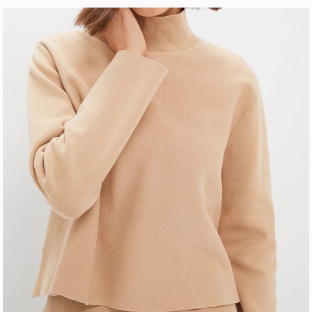 TUCKERNUCK Knit Kimberly Sweater Camel High Neckline Drop Shoulder Size Large